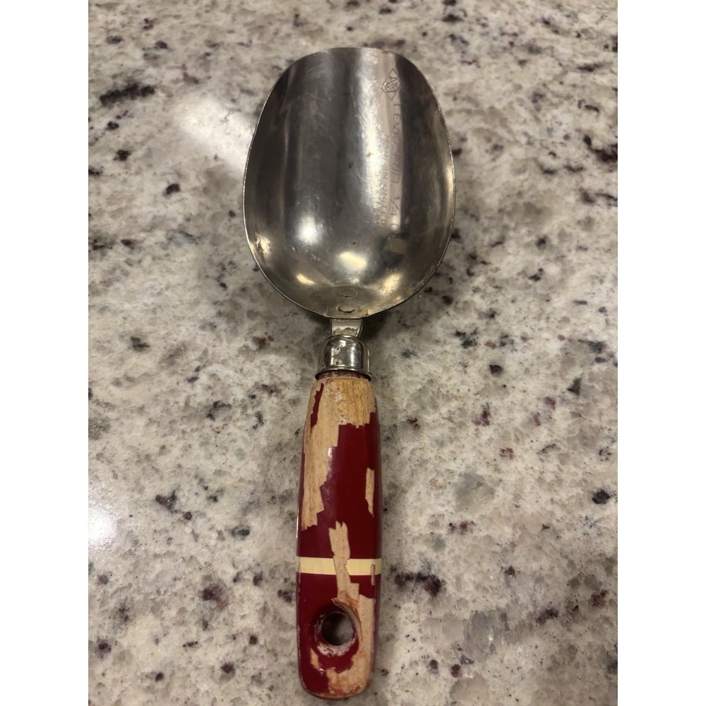 A&J Stainless Measuring Scoop- Wood Red & Ivory‎ Handle Vintage 50's Kitchen